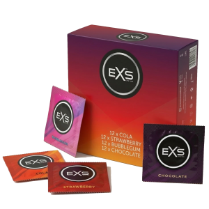 Prezerwatywy Smakowe EXS Mixed Flavoured - Cienkie Cola Guma Balonowa Czekolada Truskawka 48 szt.