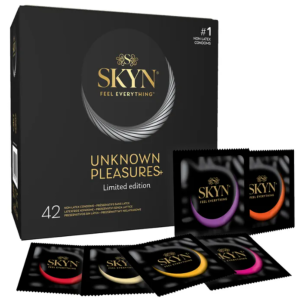 SKYN Unknown Pleasures+ Prezerwatywy bez lateksu MIX smakowe rozgrzewające cienkie z wypustkami 42 szt.