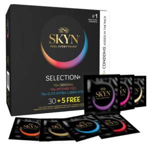 Prezerwatywy bez lateksu SKYN Selection+  MIX cienkie nawilżane smakowe z wypustkami 35 szt.