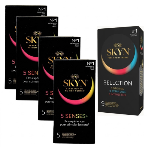 SKYN Prezerwatywy bez lateksu smakowe rozgrzewające z wypustkami zestaw 5 Senses + Selection