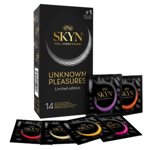 SKYN Unknown Pleasures+ Prezerwatywy bez lateksu MIX smakowe rozgrzewające cienkie z wypustkami 14 szt.
