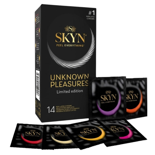 Prezerwatywy SKYN Unknown Pleasures+  bez lateksu MIX smakowe rozgrzewające cienkie z wypustkami 14 szt.
