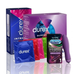Durex Surprise prezerwatywy różne rodzaje, żel intymny Intense  i wibrator Delight Bullet