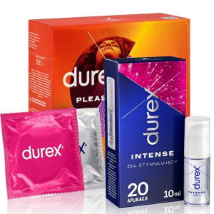 Durex Pleasure Mix Prezerwatywy prążkowane z wypustkami i żel stymulujący Intense 