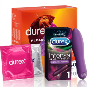 Durex Pleasure Mix Prezerwatywy prążkowane z wypustkami i mini wibrator Bullet Delight
