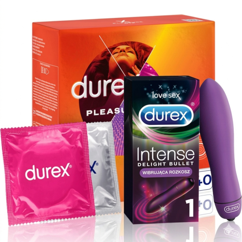 Durex Pleasure Mix Prezerwatywy prążkowane z wypustkami i mini wibrator Bullet Delight