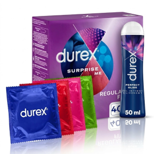 Durex Surprise prezerwatywy różne rodzaje i żel intymny silikonowy Perfect Gliss