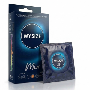 MY SIZE MIX Prezerwatywy rozmiar 57 mm dopasowane do obwodu cienkie smakowe prążkowane 10 szt.