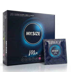 MY SIZE MIX Prezerwatywy rozmiar 64 mm dopasowane do obwodu cienkie smakowe prążkowane 28 szt.
