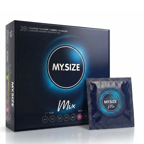 MY.SIZE MIX prezerwatywy dopasowane do obwodu rozmiar 64 mm cienkie smakowe prążkowane 28 szt.