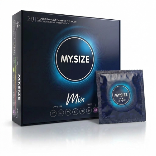 MY.SIZE MIX prezerwatywy dopasowane do obwodu rozmiar 69 mm cienkie smakowe prążkowane 28 szt.