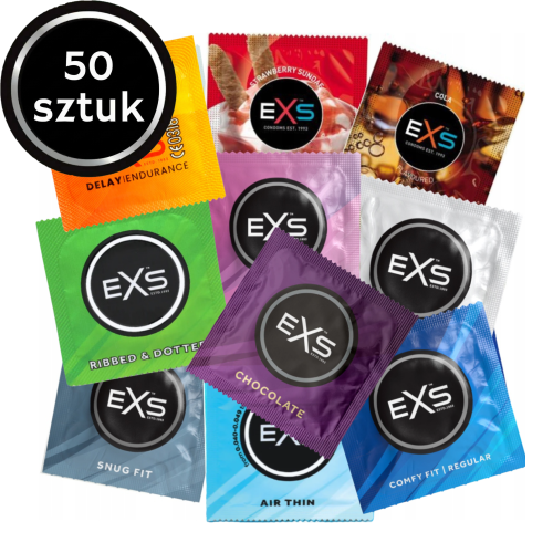 Prezerwatywy cienkie EXS mix smakowe prążkowane opóźniające 50 szt.