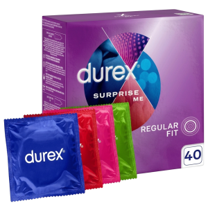 Durex Surprise Me prezerwatywy nawilżane prążkowane cienkie pogrubione MIX 40 szt. (uszkodzone opakowanie)